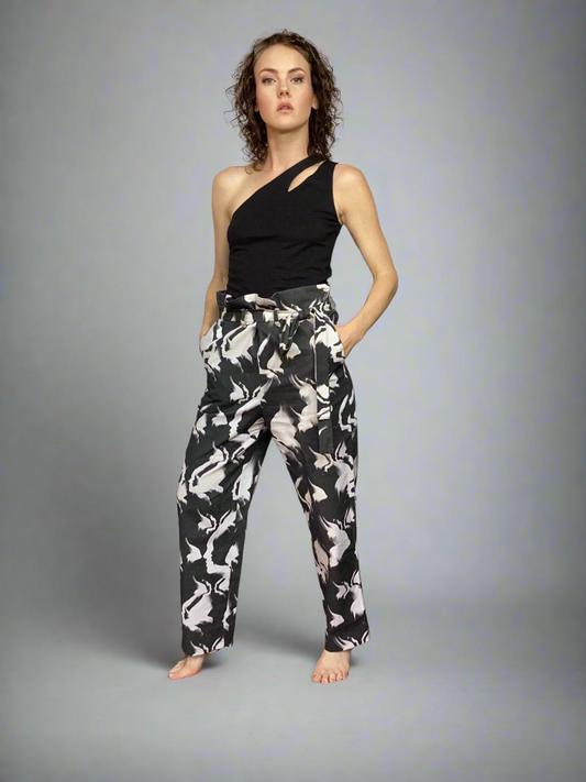 Paper-bag Pants with Artistic Print